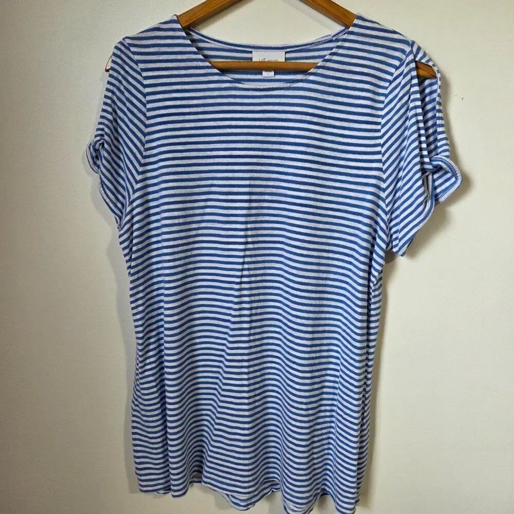 EUC J JILL LOVE LINEN WHITE BLUE STRIPED SLIT SLEEVES LINEN BLEND TOP SIZE L